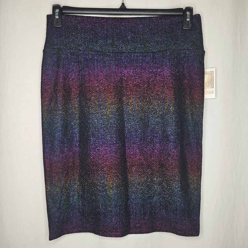 LuLaRoe Cassie Black Rainbow Gradiant Holographic Metallic Pencil Skirt NEW XL